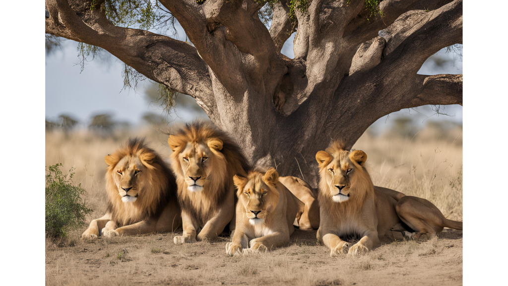 Manada de leones descansando bajo la sombra de un árbol.