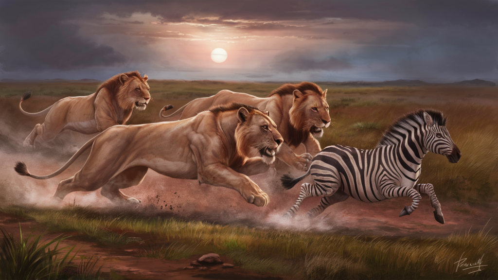 Leones cazando en grupo a una cebra en la pradera