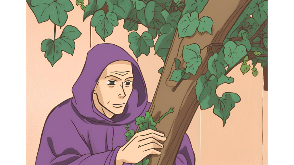 Monje medieval meditando bajo una parra