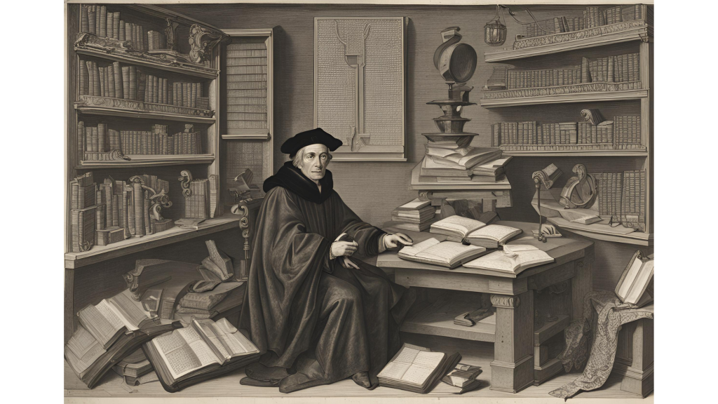 Representación artística de Erasmo de Rotterdam en su estudio, destacando su dedicación a la escritura y la investigación