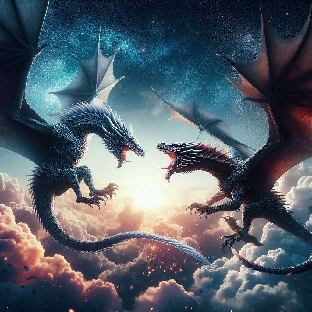 La batalla entre dos dragones en el cielo.