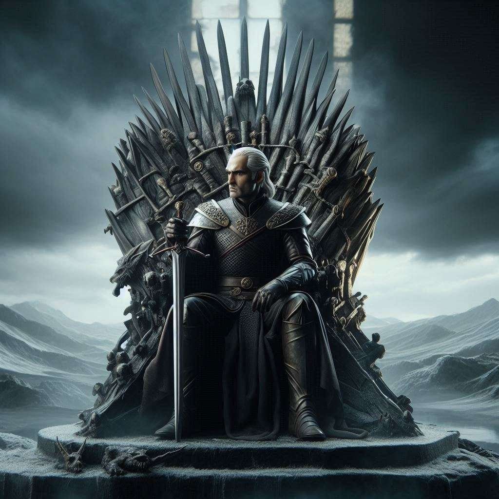 Viserys I Targaryen sentado en el Trono de Hierro