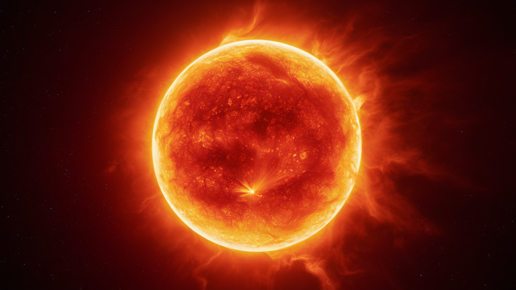 Imagen del Sol en un máximo solar con múltiples manchas solares y erupciones.
